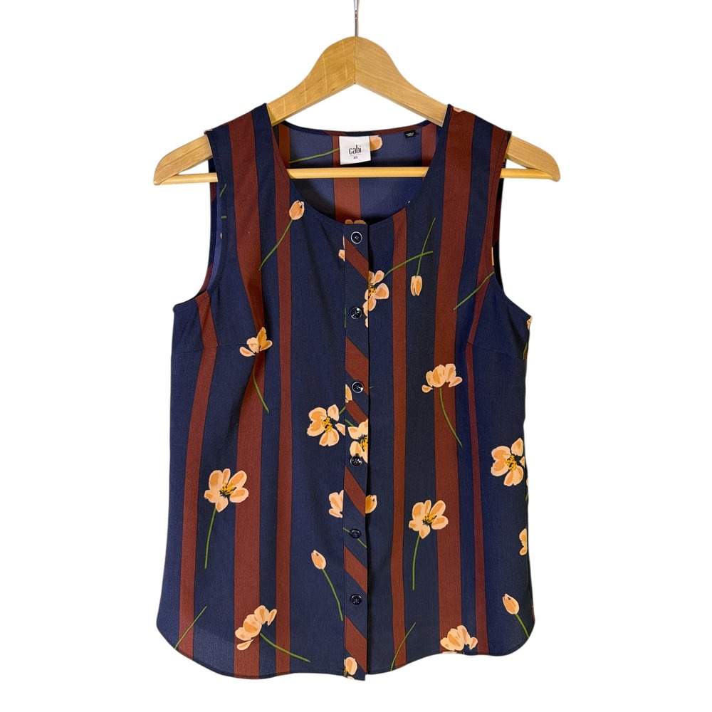 CAbi Scroll Top #3600 Sleeveless Blouse Navy Burgundy Stripe XS